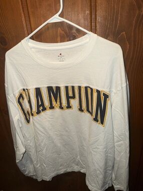 Champion White Long Sleeve Crewneck with Black and Gold Arched Logo